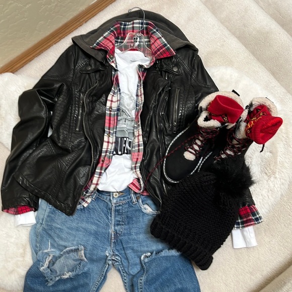 Faux black leather jacket with zip hoodie, distressed graphic t and flannel - Picture 1 of 1
